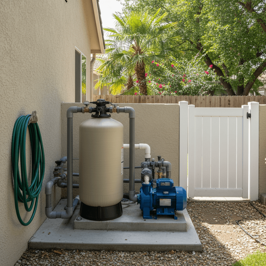 Pool pump and filter equipment in backyard utility area