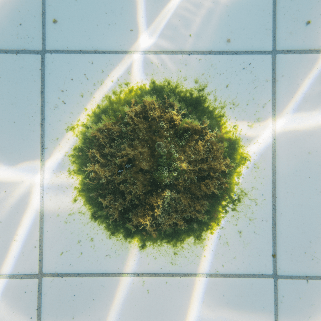Green algae spot on swimming pool wall close up