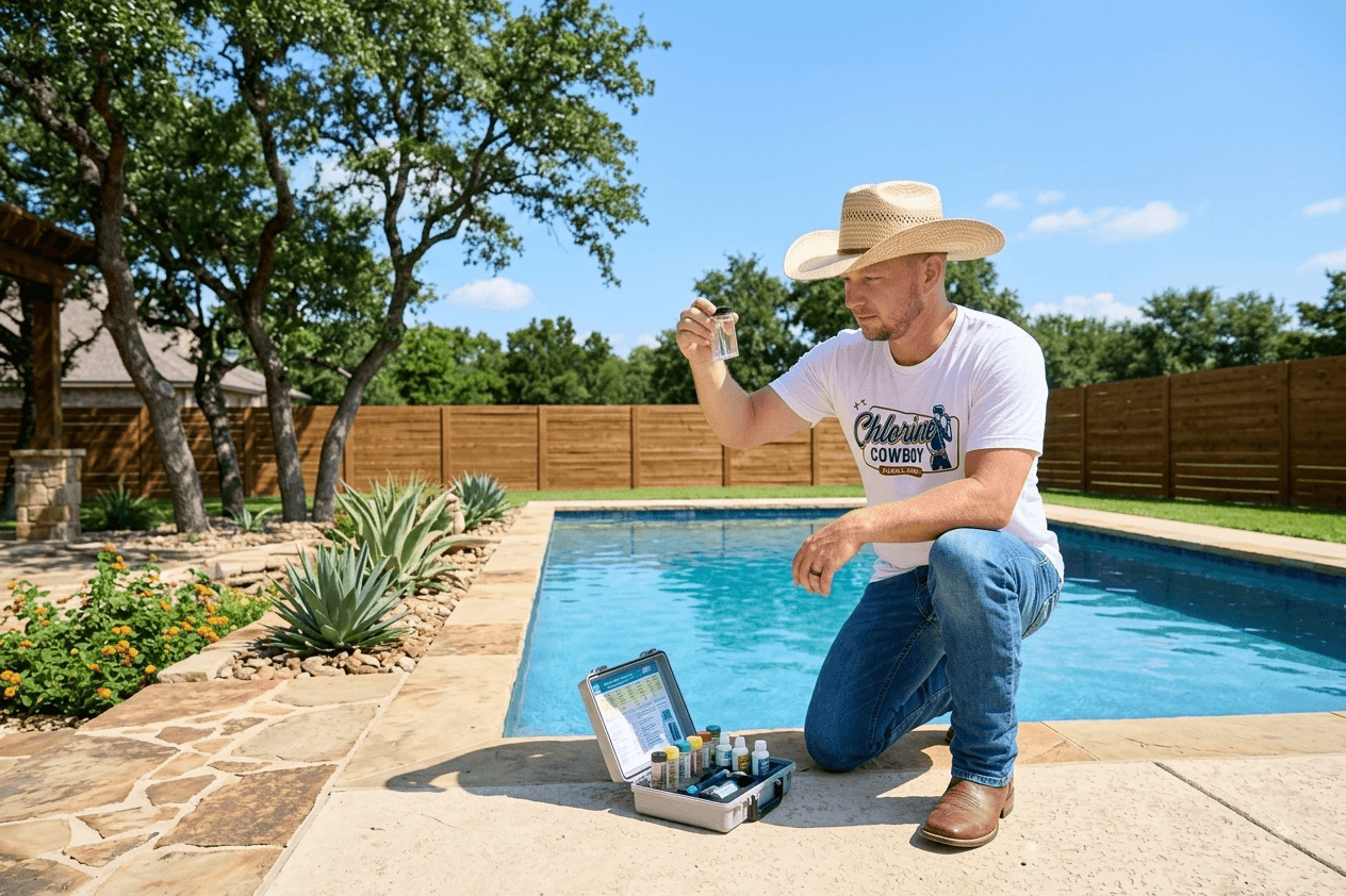 Man in a cowboy hat testing swimming pool water with a chemical kit.