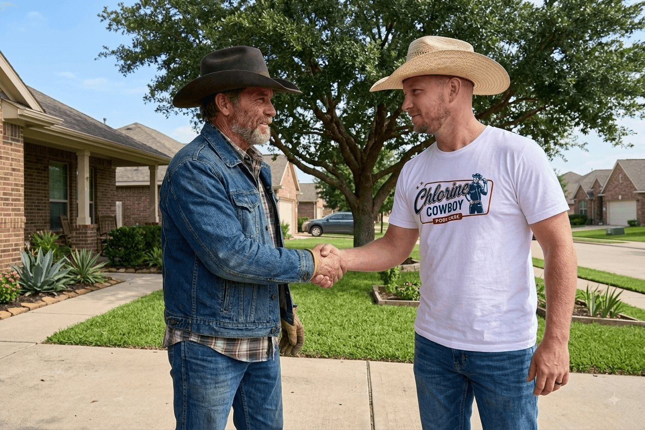 Two men wearing cowboy hats shake hands on a suburban driveway in a residential neighborhood.