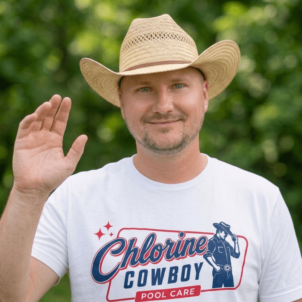 Smiling man in a straw cowboy hat and 'Chlorine Cowboy' t-shirt waving against greenery.
